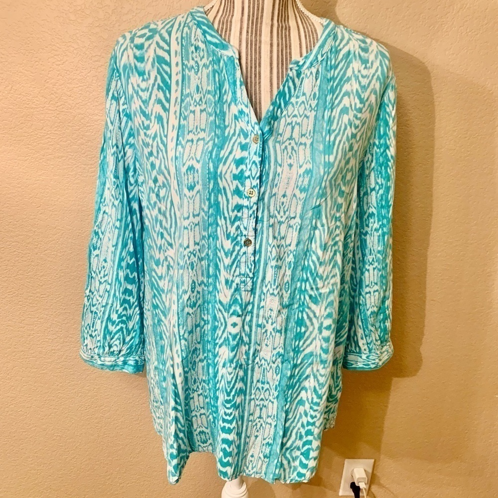 Grand & Greene Tunic Top Large Teal White 3/4 Length Sleeves 1/4 Button-Up Rayon